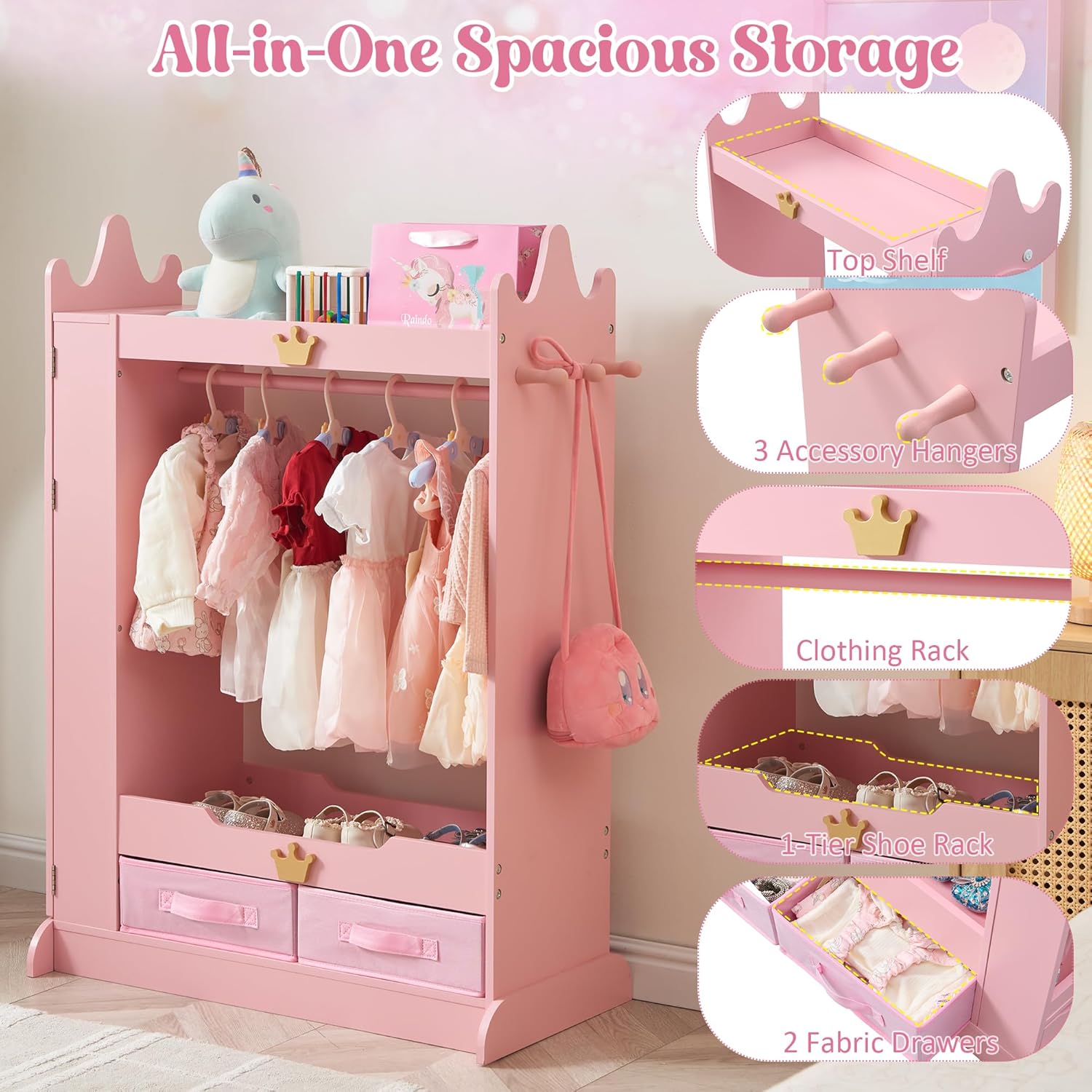 Kids Princess Armoire Dress Up Storage - Wardrobe Closet with Dual Mirrors, Hidden Jewelry Cabinet, Shelves & Hanging Rack for Little Girls' Bedroom, Playroom (Pink) - 5