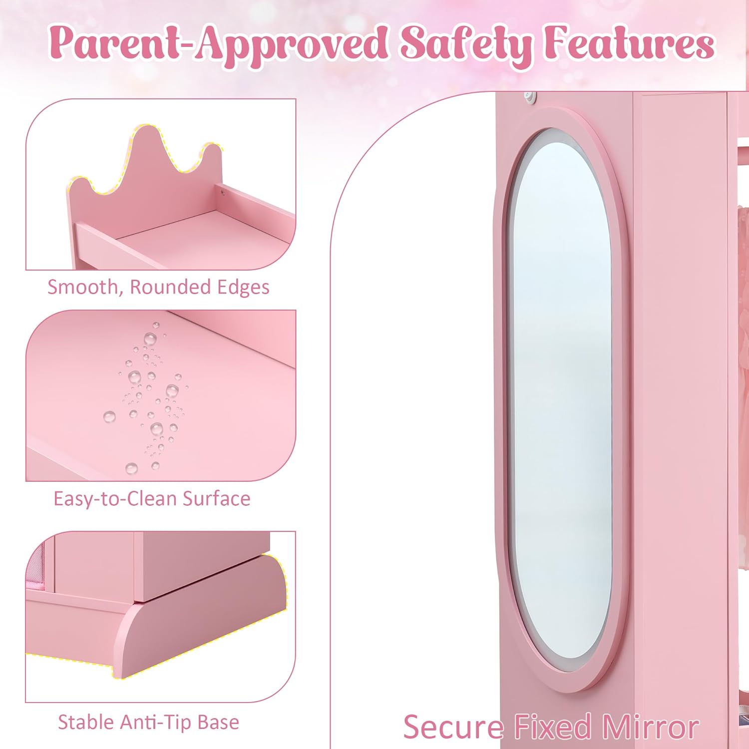 Kids Princess Armoire Dress Up Storage - Wardrobe Closet with Dual Mirrors, Hidden Jewelry Cabinet, Shelves & Hanging Rack for Little Girls' Bedroom, Playroom (Pink) - 6
