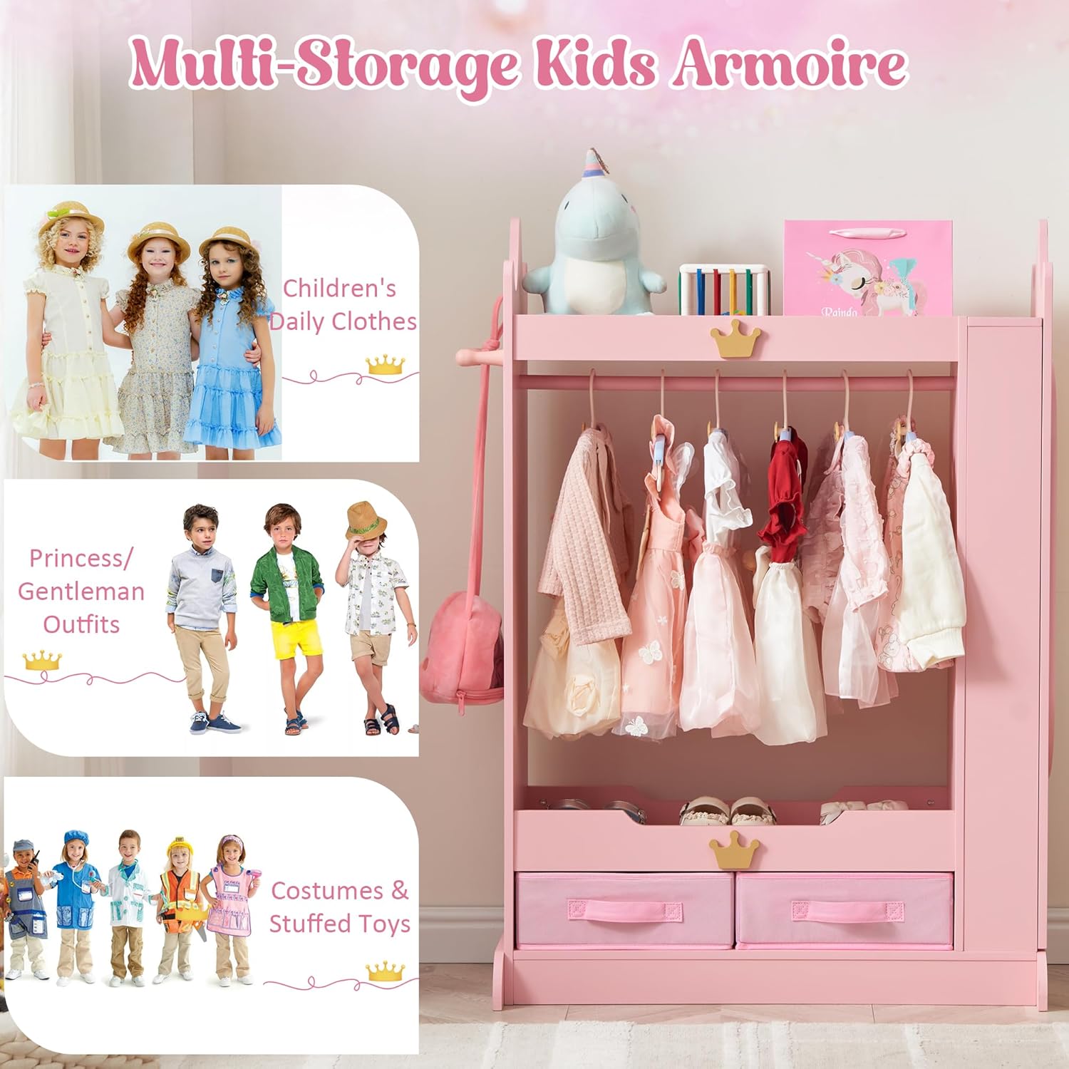 Kids Princess Armoire Dress Up Storage - Wardrobe Closet with Dual Mirrors, Hidden Jewelry Cabinet, Shelves & Hanging Rack for Little Girls' Bedroom, Playroom (Pink) - 7