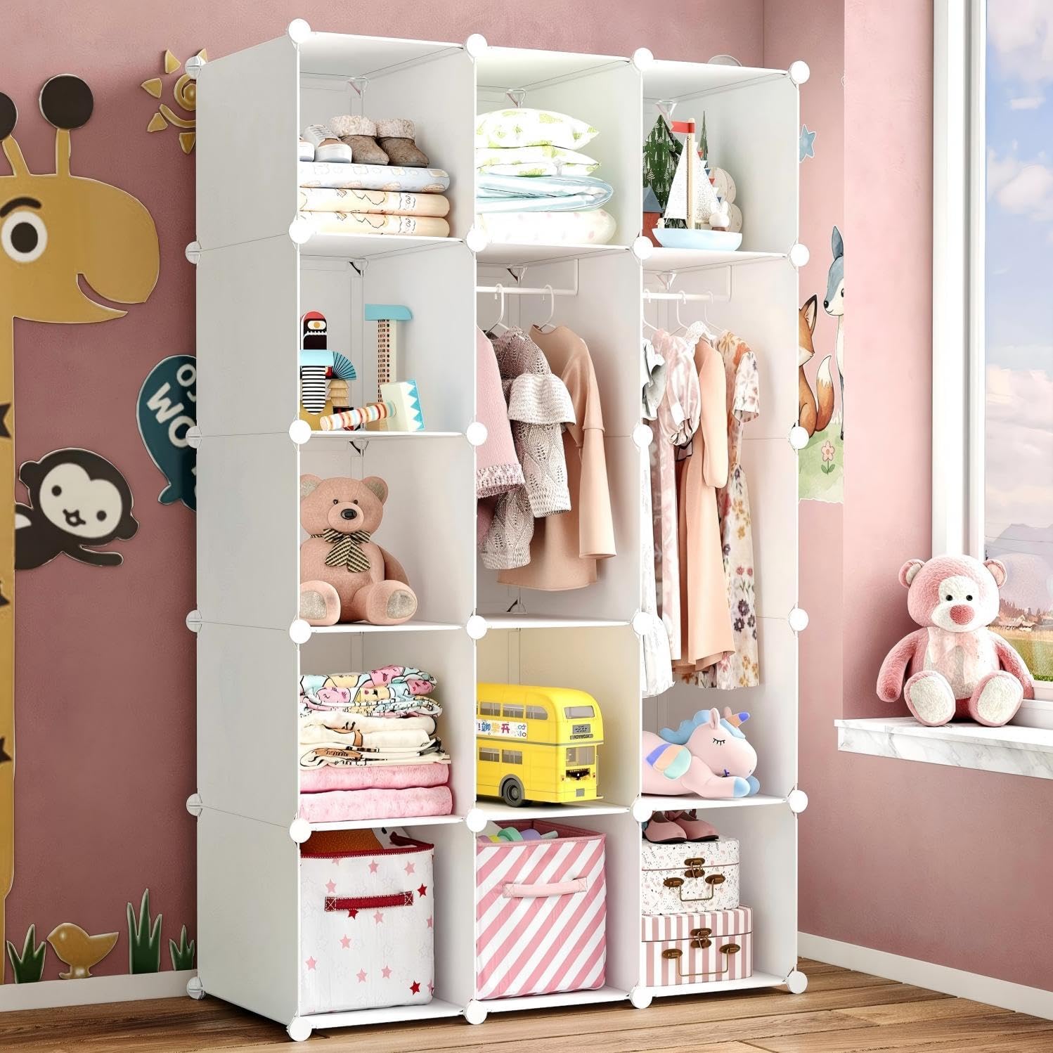 Modular Baby Wardrobe Closet, Portable Children Organizers and Storage for Nursery,15 Cubes with Hanging Rods,Multi-Functional Kids Storage Shelf-Bedroom Clothes Armoire - 1
