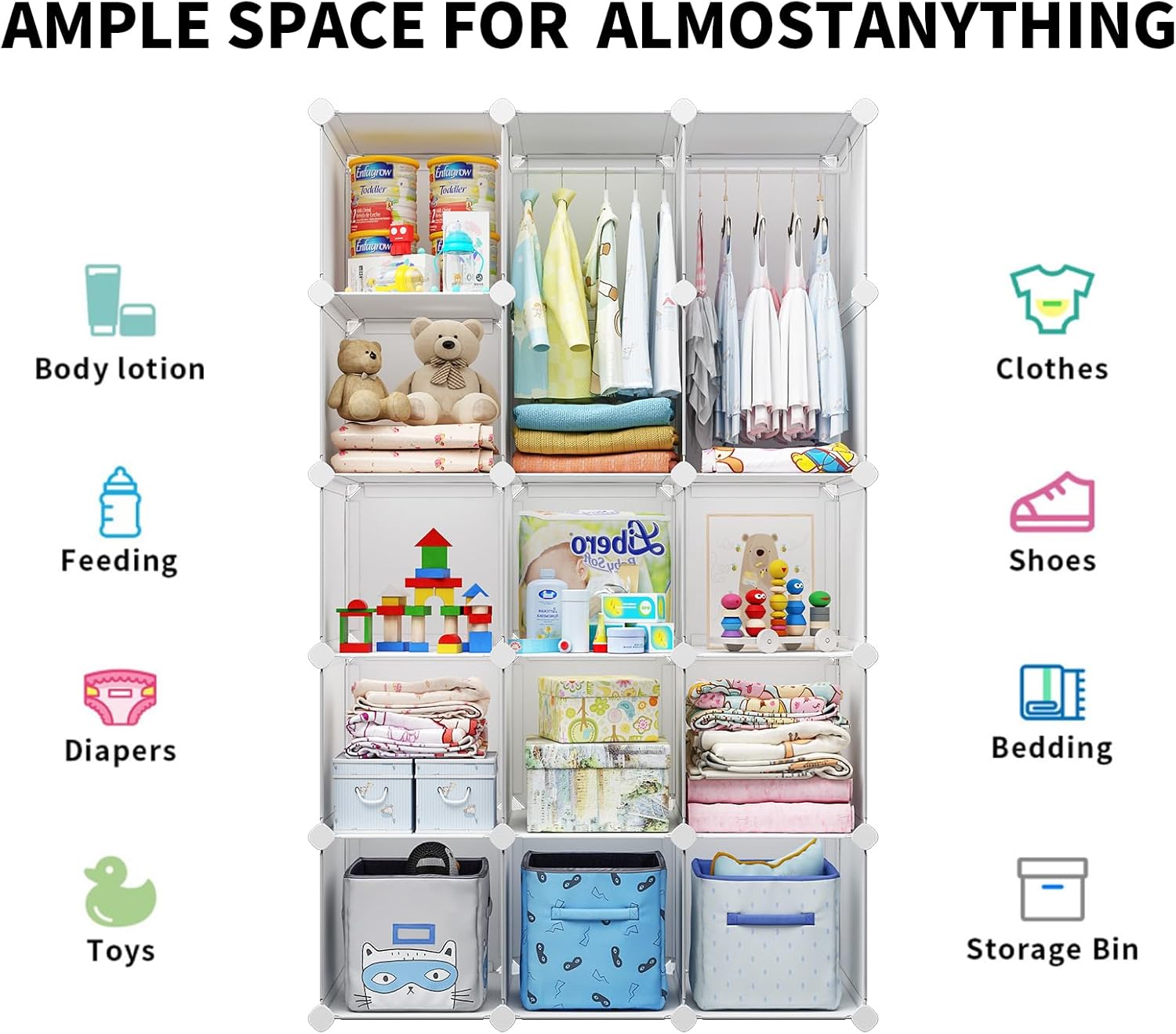 Modular Baby Wardrobe Closet, Portable Children Organizers and Storage for Nursery,15 Cubes with Hanging Rods,Multi-Functional Kids Storage Shelf-Bedroom Clothes Armoire - 4