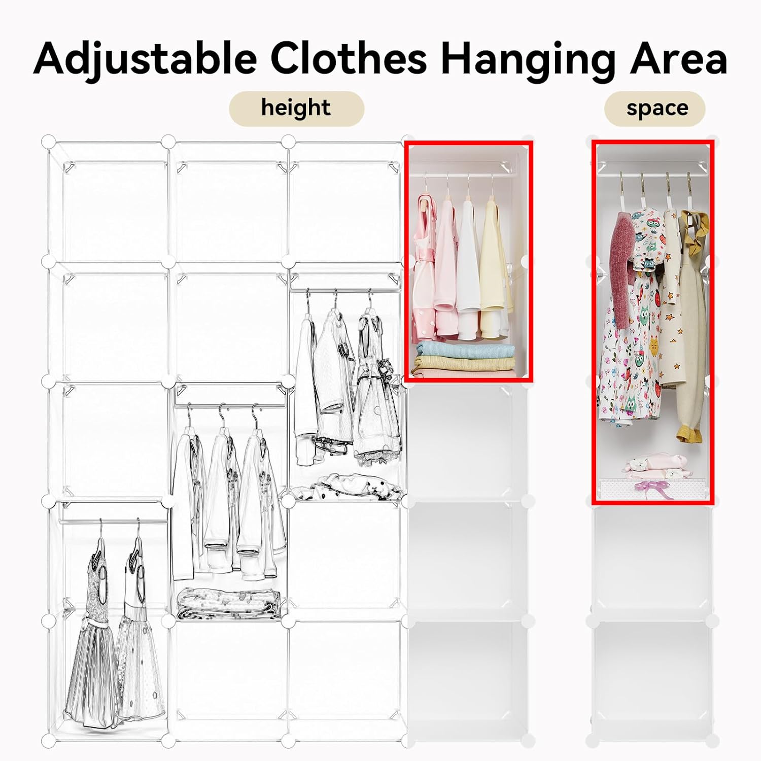 Modular Baby Wardrobe Closet, Portable Children Organizers and Storage for Nursery,15 Cubes with Hanging Rods,Multi-Functional Kids Storage Shelf-Bedroom Clothes Armoire - 8