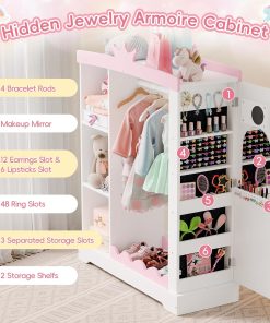 Xilingol Kids Armoire with Jewelry Cabinet, Dress up Storage with Mirror and Shelves, Princess Dress Closet and Costumes Wardrobe Closet, Costume Organizer for Bedroom, Kids Room, Girls (White) - 3