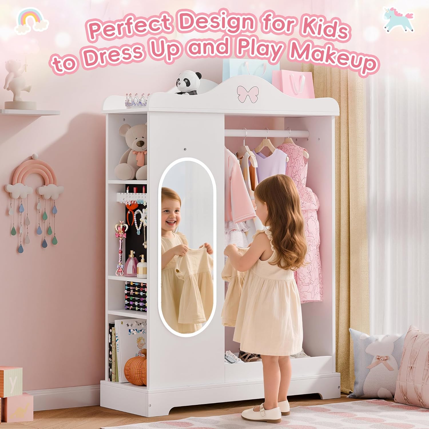 Xilingol Kids Armoire with a Jewelry Cabinet, Princess Dress Up Closet with Mirror, Kids Wardrobe Closet with Storage Shelves, Armoire Costume Organizer for Bedroom, Kids Room, Girl (White) - 7