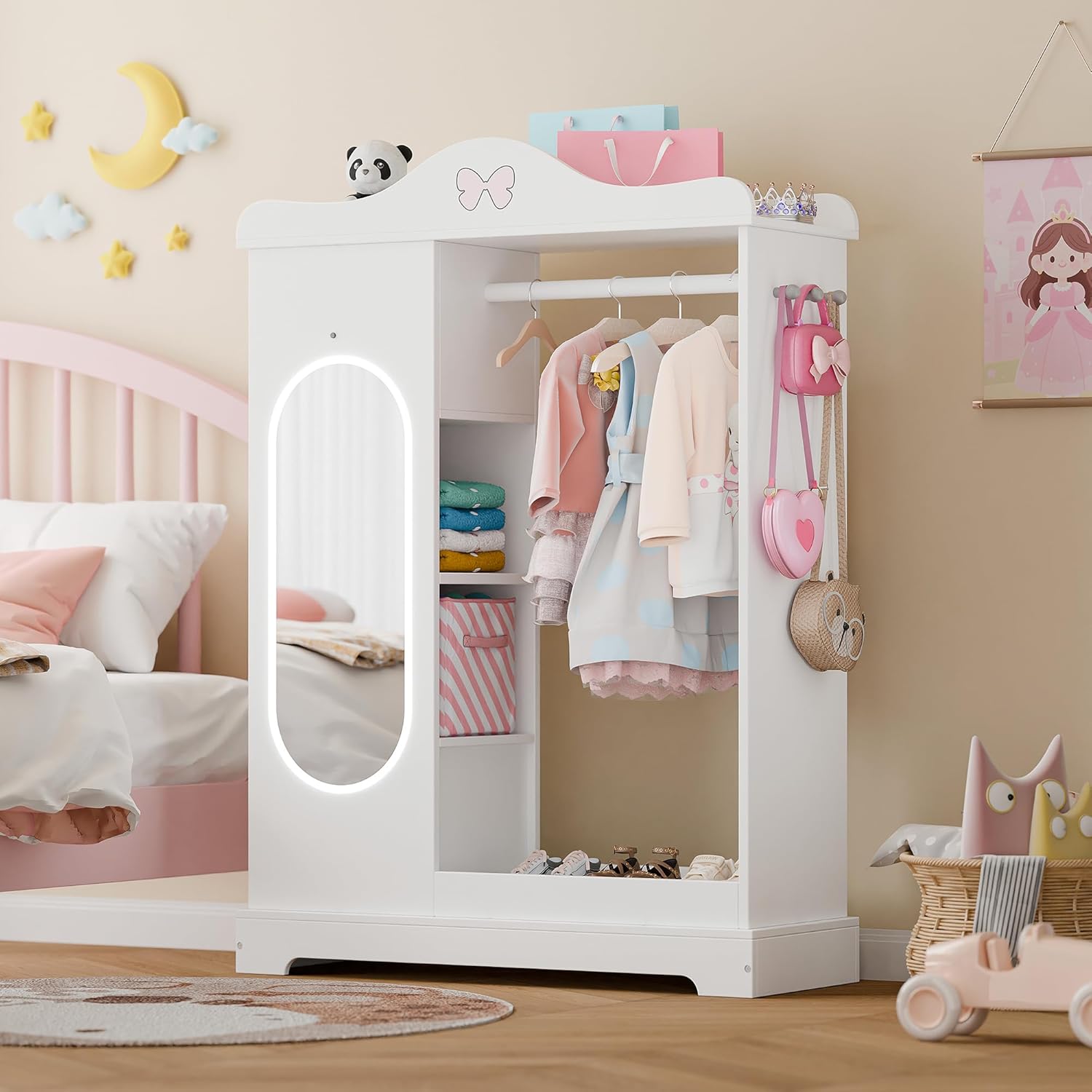Xilingol Kids Armoire with a Jewelry Cabinet, Princess Dress Up Closet with Mirror, Kids Wardrobe Closet with Storage Shelves, Armoire Costume Organizer for Bedroom, Kids Room, Girl (White) - 8