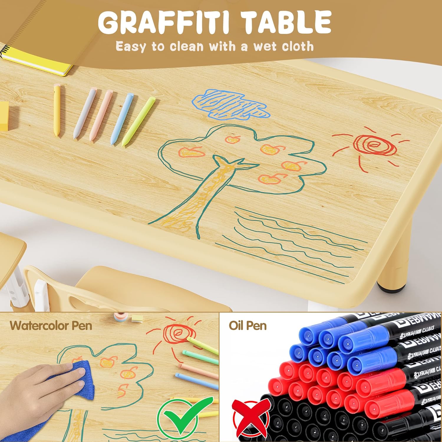 Brelley Kids Table and 6 Chairs Set, Height Adjustable Toddler Desk and Chair Set, Graffiti Desktop, Classroom-Daycare-Home, Children Multi-Activity Table for Ages 2-8 - 3