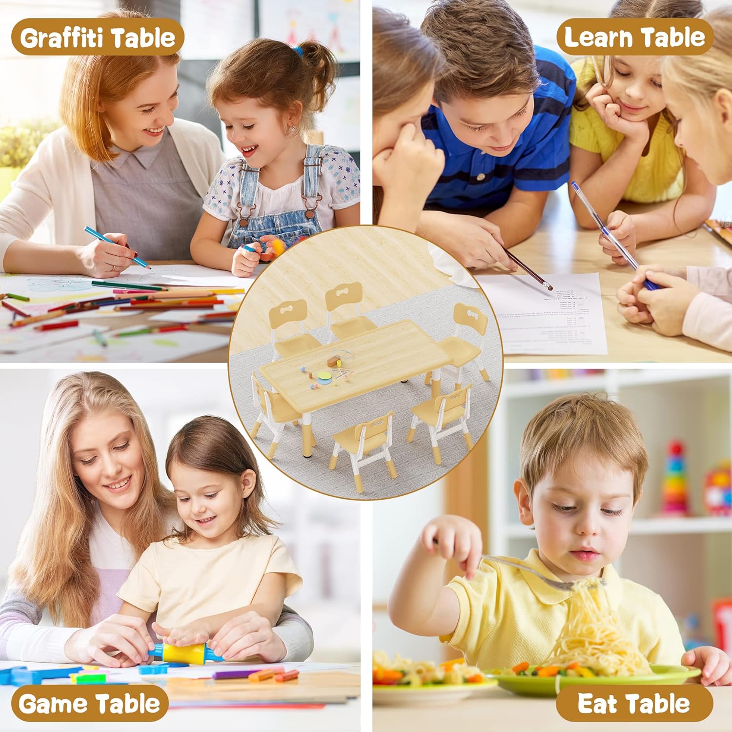 Brelley Kids Table and 6 Chairs Set, Height Adjustable Toddler Desk and Chair Set, Graffiti Desktop, Classroom-Daycare-Home, Children Multi-Activity Table for Ages 2-8 - 7