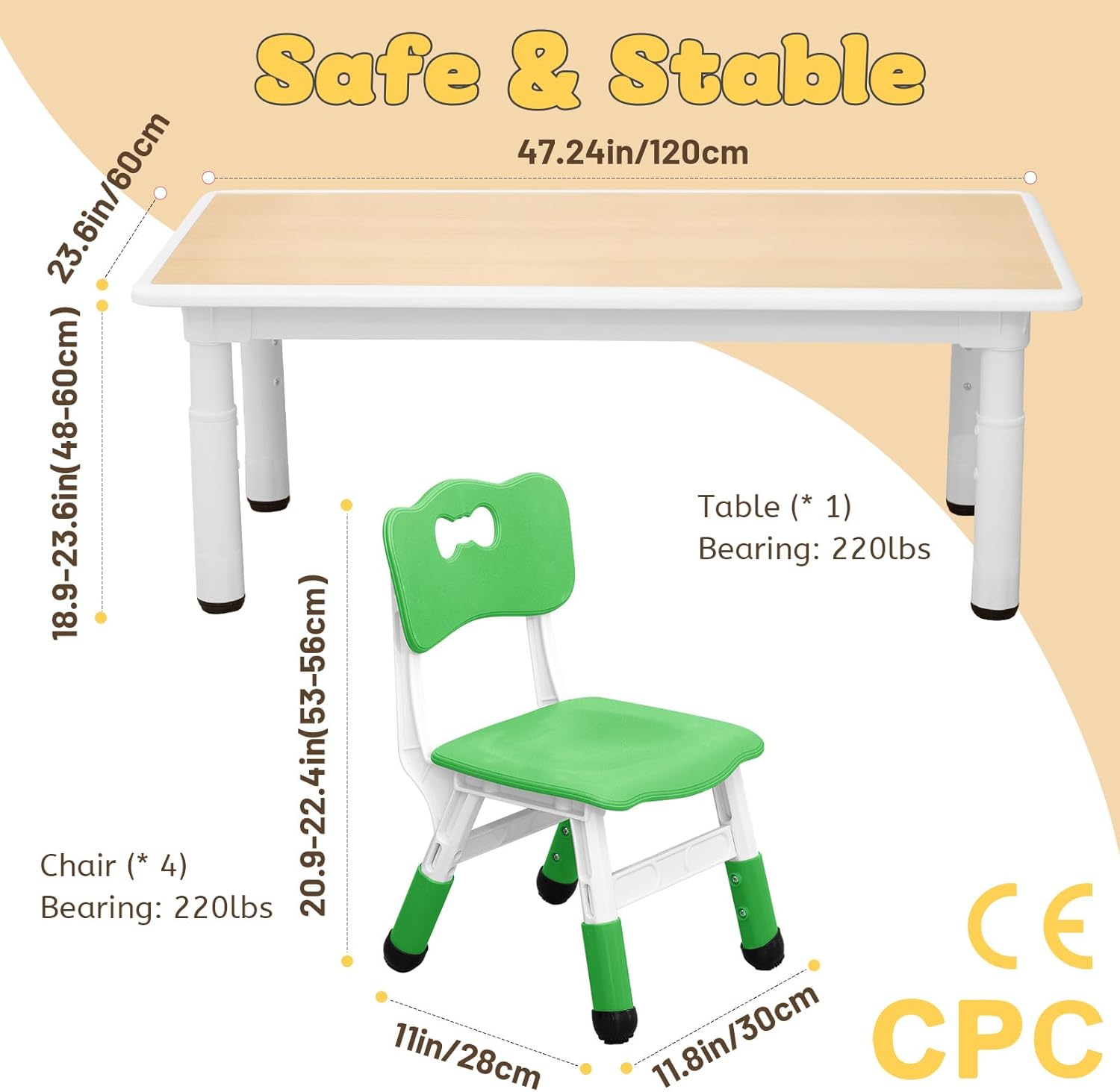 FUNLIO Kids Table and 4 Chairs Set for Ages 3-8, Height Adjustable Toddler Table and Chair Set, Easy to Wipe Arts & Crafts Table, for Classrooms-Daycares-Homes, CPC & CE Approved-Multicolor - 6