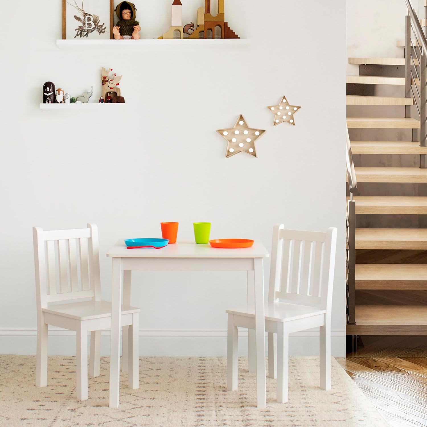 Humble Crew Kids Wooden Table and 2 Chairs Set, White - Square Kids Table and Chair Set for Toddlers and Children for Arts, Crafts, and Snack Time - Sturdy, Durable Toddler Activity Table - 4