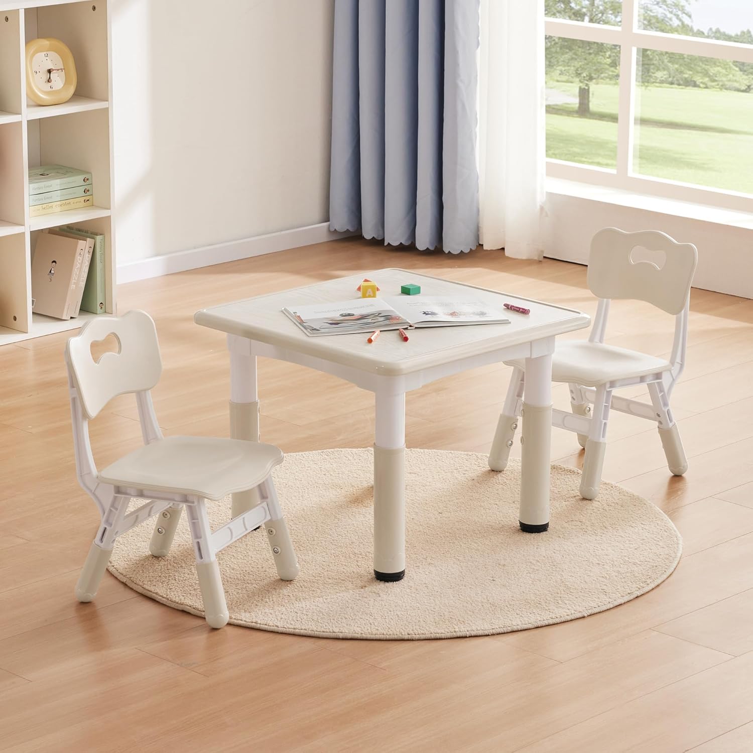 Kids Study Table and Chairs Set, Height Adjustable Toddler Table and Chair Set for Kids Ages 3-8, 23.6 L x 23.6 W Graffiti Desktop Plastic Children Art Table with 2 Seats, Burlywood - 1