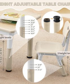 Kids Study Table and Chairs Set, Height Adjustable Toddler Table and Chair Set for Kids Ages 3-8, 23.6 L x 23.6 W Graffiti Desktop Plastic Children Art Table with 2 Seats, Burlywood - 2