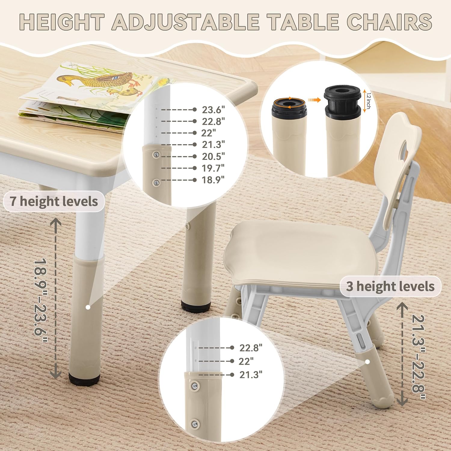 Kids Study Table and Chairs Set, Height Adjustable Toddler Table and Chair Set for Kids Ages 3-8, 23.6 L x 23.6 W Graffiti Desktop Plastic Children Art Table with 2 Seats, Burlywood - 2