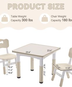 Kids Study Table and Chairs Set, Height Adjustable Toddler Table and Chair Set for Kids Ages 3-8, 23.6 L x 23.6 W Graffiti Desktop Plastic Children Art Table with 2 Seats, Burlywood - 3