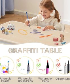 Kids Study Table and Chairs Set, Height Adjustable Toddler Table and Chair Set for Kids Ages 3-8, 23.6 L x 23.6 W Graffiti Desktop Plastic Children Art Table with 2 Seats, Burlywood - 4
