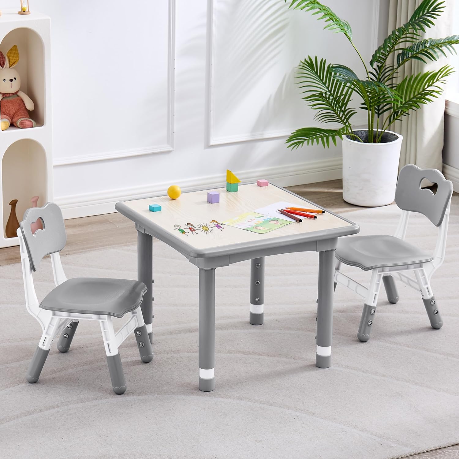 Kids Table and 2 Chairs Set, Height Adjustable Toddler Table and Chair Set, Multi-Activity Table with Graffiti Desktop, Children’s Table and Chairs for Classroom, Home & Daycare - 1
