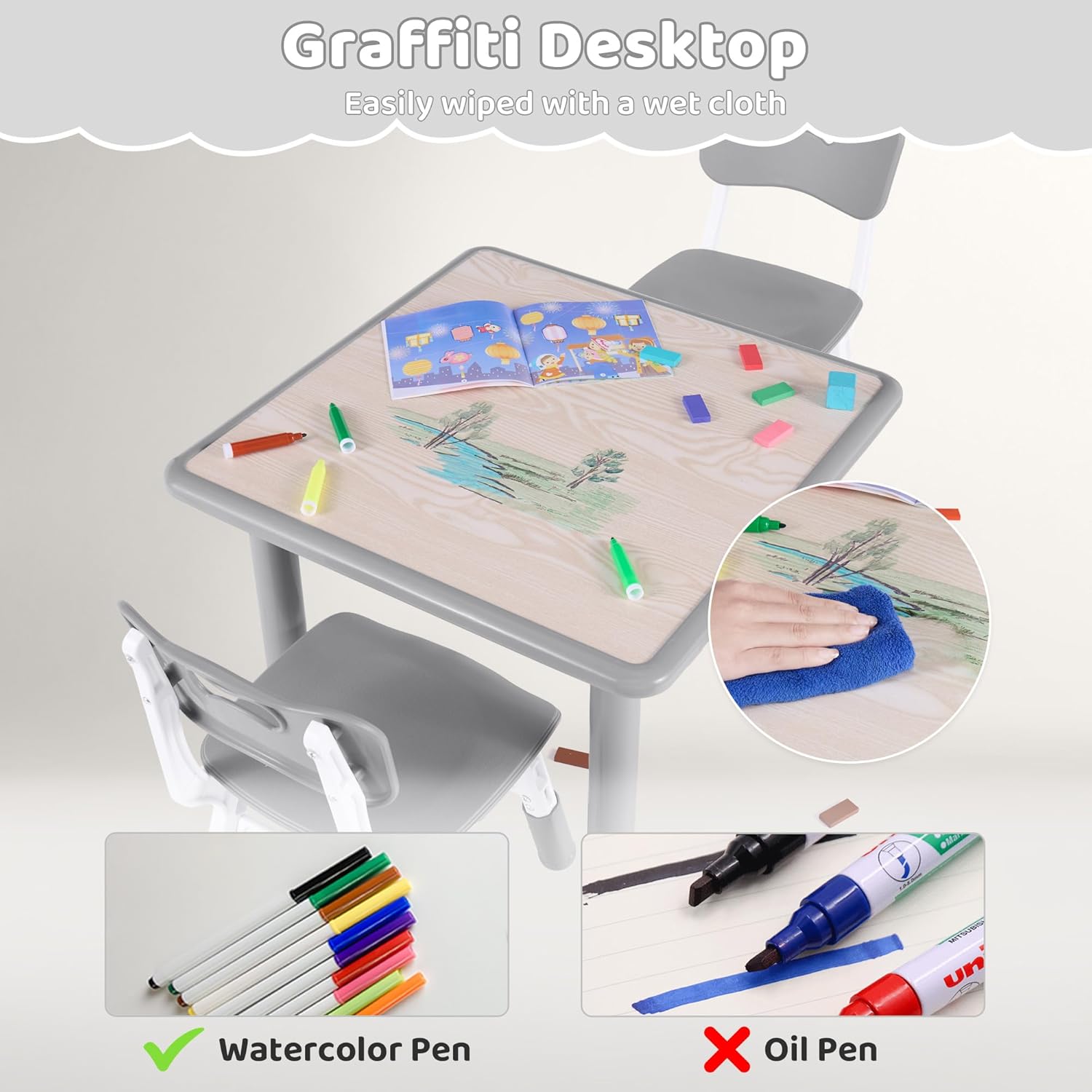 Kids Table and 2 Chairs Set, Height Adjustable Toddler Table and Chair Set, Multi-Activity Table with Graffiti Desktop, Children’s Table and Chairs for Classroom, Home & Daycare - 3