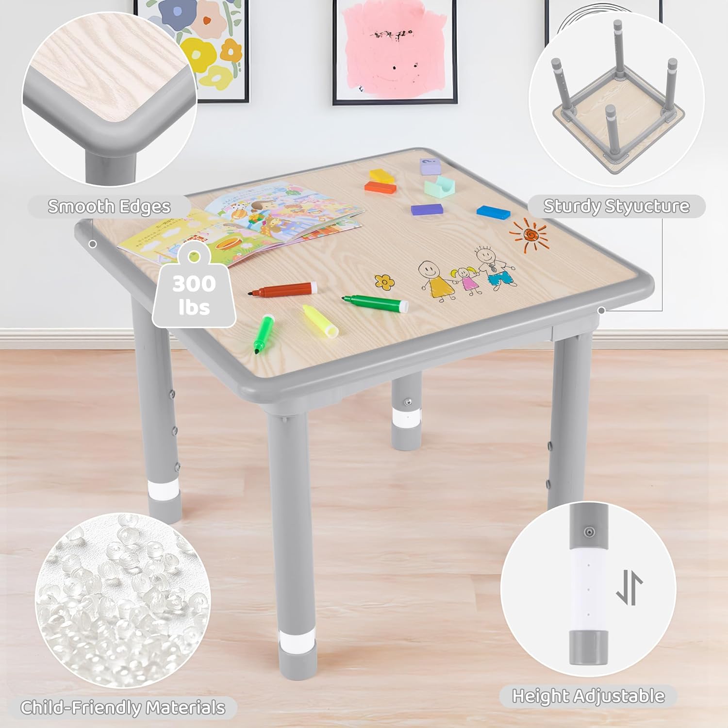 Kids Table and 2 Chairs Set, Height Adjustable Toddler Table and Chair Set, Multi-Activity Table with Graffiti Desktop, Children’s Table and Chairs for Classroom, Home & Daycare - 5