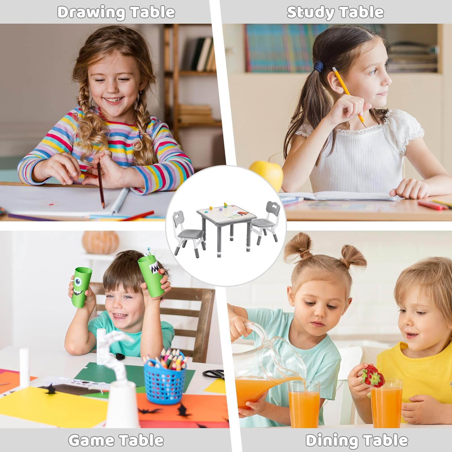 Kids Table and 2 Chairs Set, Height Adjustable Toddler Table and Chair Set, Multi-Activity Table with Graffiti Desktop, Children’s Table and Chairs for Classroom, Home & Daycare - 6