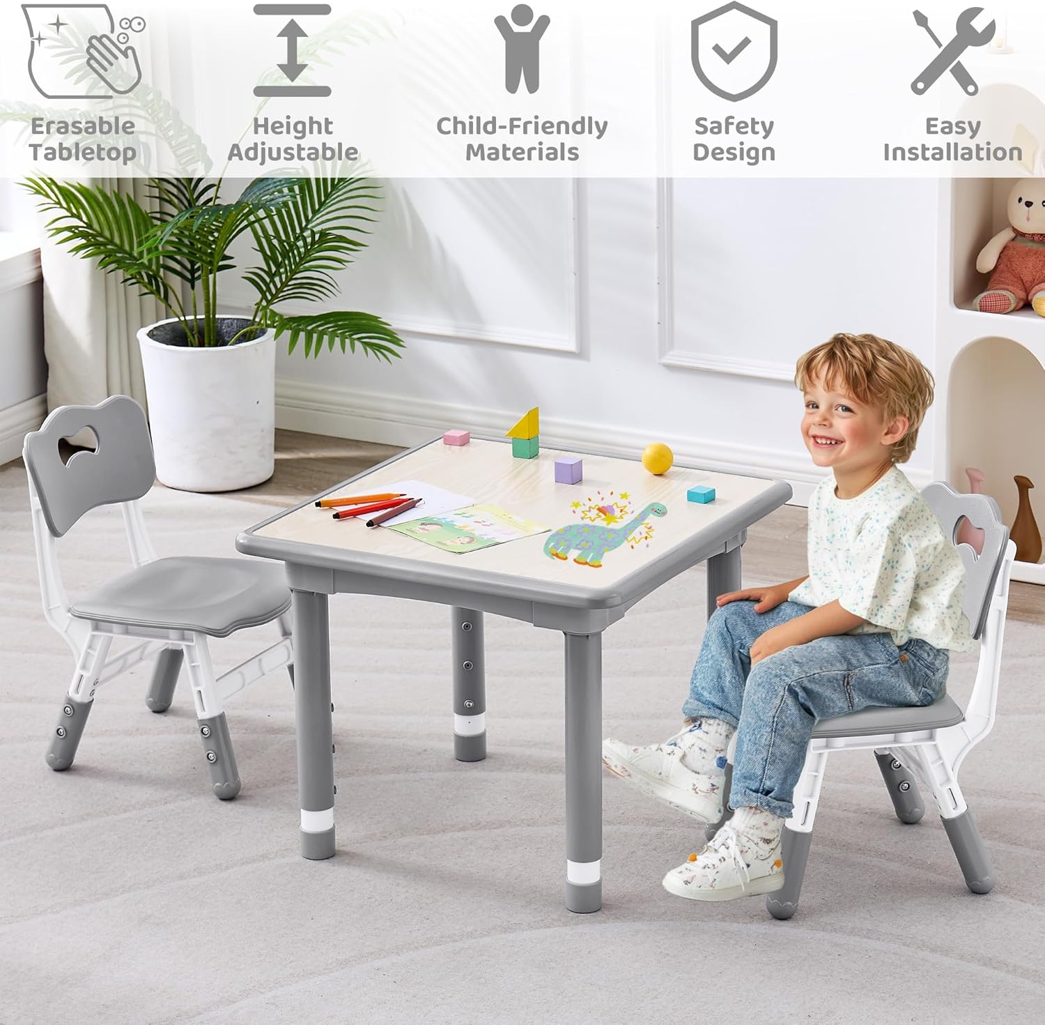 Kids Table and 2 Chairs Set, Height Adjustable Toddler Table and Chair Set, Multi-Activity Table with Graffiti Desktop, Children’s Table and Chairs for Classroom, Home & Daycare - 7