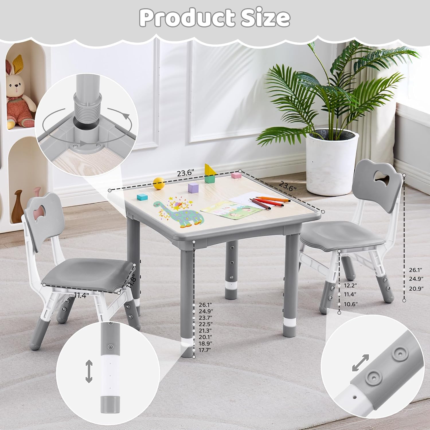 Kids Table and 2 Chairs Set, Height Adjustable Toddler Table and Chair Set, Multi-Activity Table with Graffiti Desktop, Children’s Table and Chairs for Classroom, Home & Daycare - 8