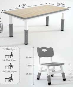 Kids Table and 6 Chairs Set，Height Adjustable Children Table & Chair，Toddlers Study Multi-Activity Table with 47.2x23.6 Wipe-Clean Desktop，for Classrooms, Homes & Daycares - 2