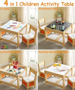 Kids Table and Chair Set, 3 in 1 Wooden Activity Table with Storage Drawer for Toddlers Drawing, Reading, Crafts, 2 in 1 Detachable Tabletop Table Set for Nursery, Playroom - 3