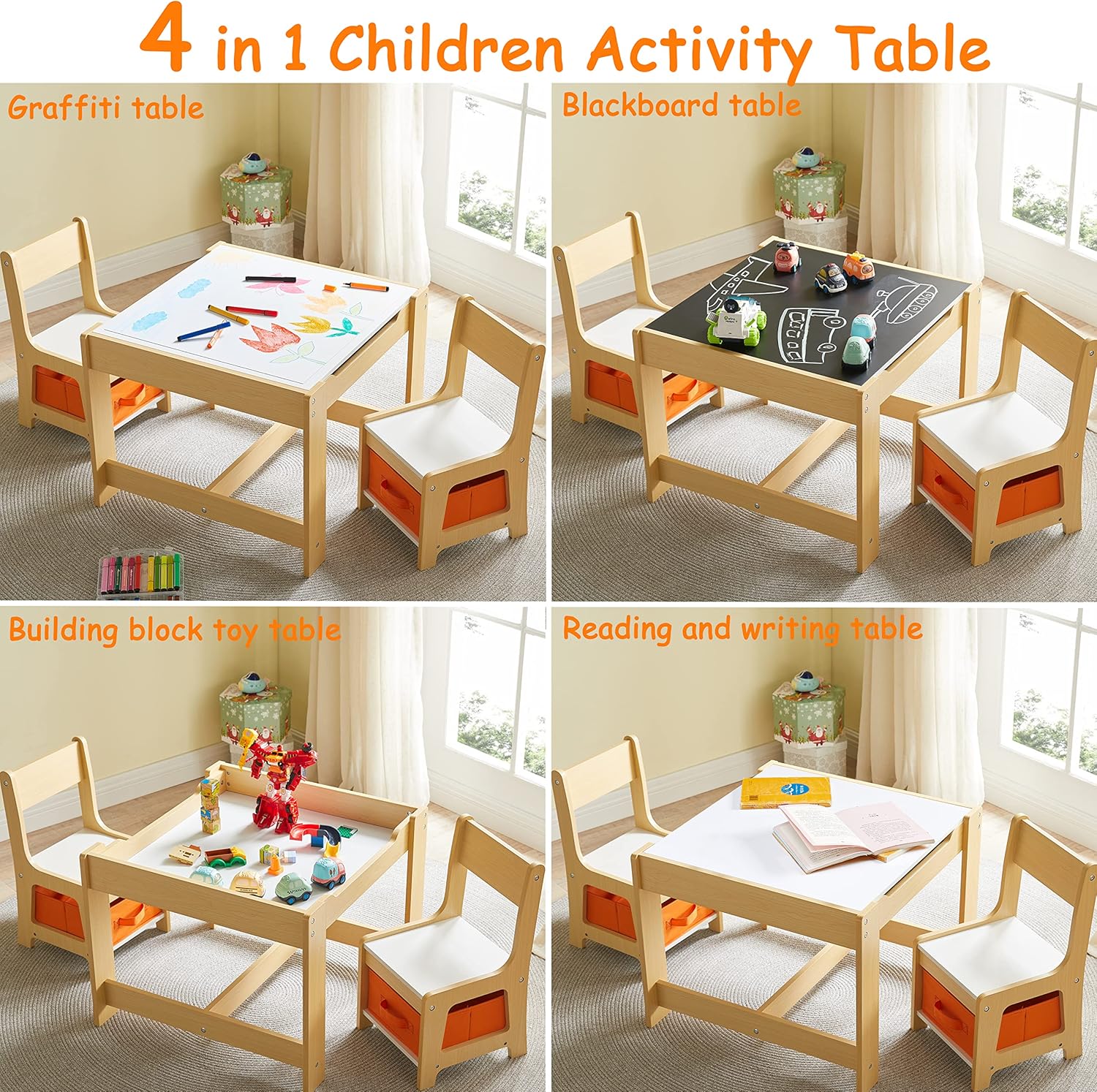 Kids Table and Chair Set, 3 in 1 Wooden Activity Table with Storage Drawer for Toddlers Drawing, Reading, Crafts, 2 in 1 Detachable Tabletop Table Set for Nursery, Playroom - 3