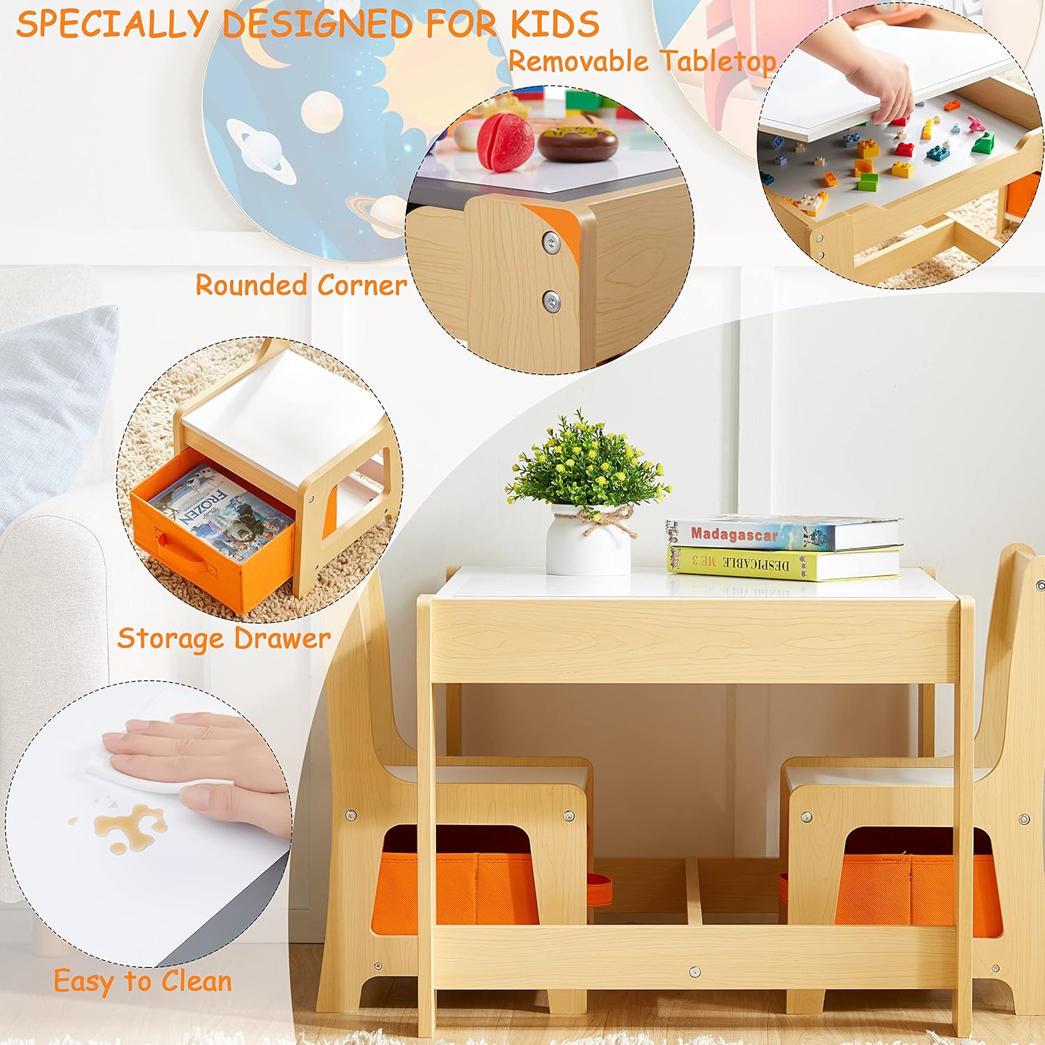 Kids Table and Chair Set, 3 in 1 Wooden Activity Table with Storage Drawer for Toddlers Drawing, Reading, Crafts, 2 in 1 Detachable Tabletop Table Set for Nursery, Playroom - 4