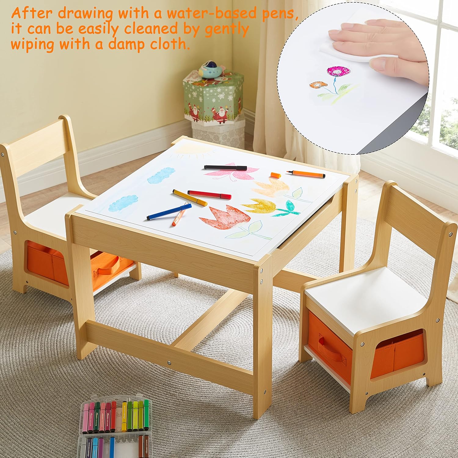 Kids Table and Chair Set, 3 in 1 Wooden Activity Table with Storage Drawer for Toddlers Drawing, Reading, Crafts, 2 in 1 Detachable Tabletop Table Set for Nursery, Playroom - 5