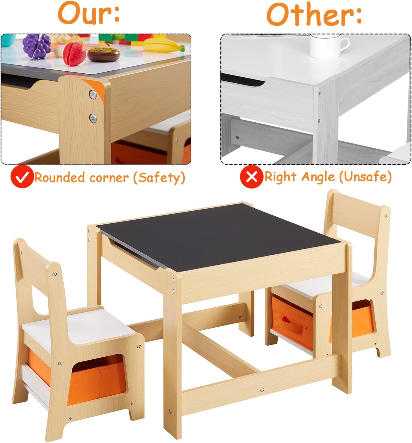 Kids Table and Chair Set, 3 in 1 Wooden Activity Table with Storage Drawer for Toddlers Drawing, Reading, Crafts, 2 in 1 Detachable Tabletop Table Set for Nursery, Playroom - 6