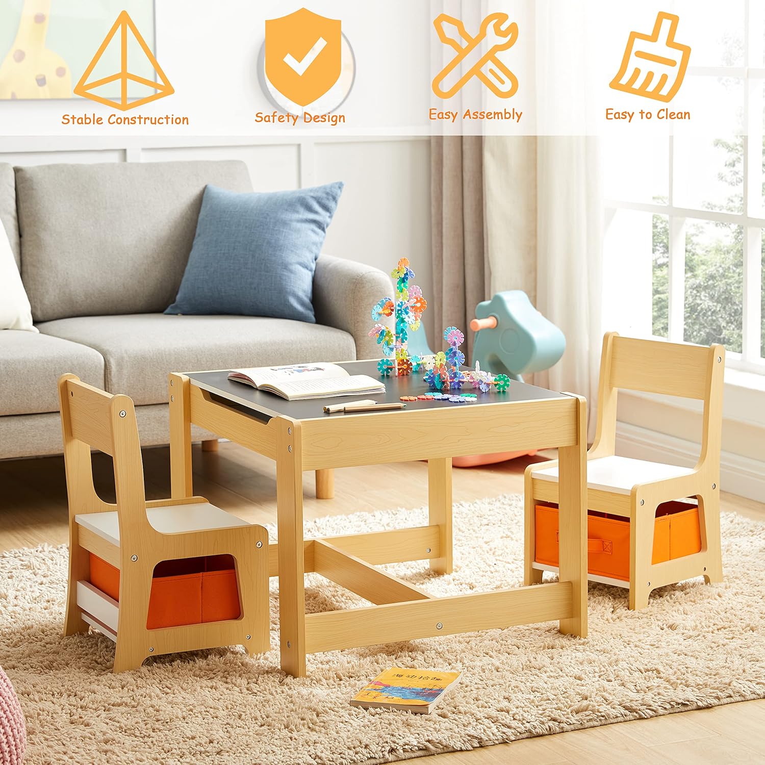 Kids Table and Chair Set, 3 in 1 Wooden Activity Table with Storage Drawer for Toddlers Drawing, Reading, Crafts, 2 in 1 Detachable Tabletop Table Set for Nursery, Playroom - 7