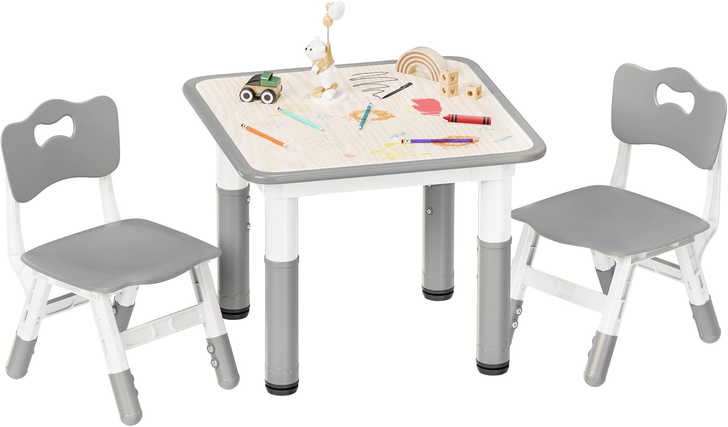 Kids Table and Chairs Set - 23.6 L x 23.6 W Height Adjustable Toddler Desk, Non-Slip Kids Table with Graffiti Desktop for Ages 2-8, for Home Preschool Classroom Daycare, Grey - 1