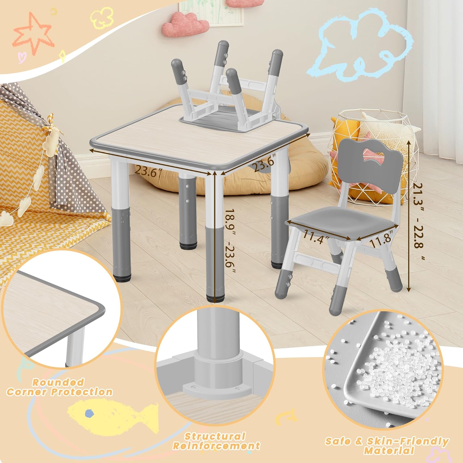 Kids Table and Chairs Set - 23.6" L x 23.6" W Height Adjustable Toddler Desk, Non-Slip Kids Table with Graffiti Desktop for Ages 2-8, for Home Preschool Classroom Daycare, Grey - Image 6