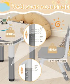 Kids Table and Chairs Set - 23.6 L x 23.6 W Height Adjustable Toddler Desk, Non-Slip Kids Table with Graffiti Desktop for Ages 2-8, for Home Preschool Classroom Daycare, Grey - 3
