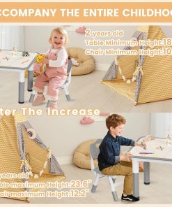 Kids Table and Chairs Set - 23.6 L x 23.6 W Height Adjustable Toddler Desk, Non-Slip Kids Table with Graffiti Desktop for Ages 2-8, for Home Preschool Classroom Daycare, Grey - 5
