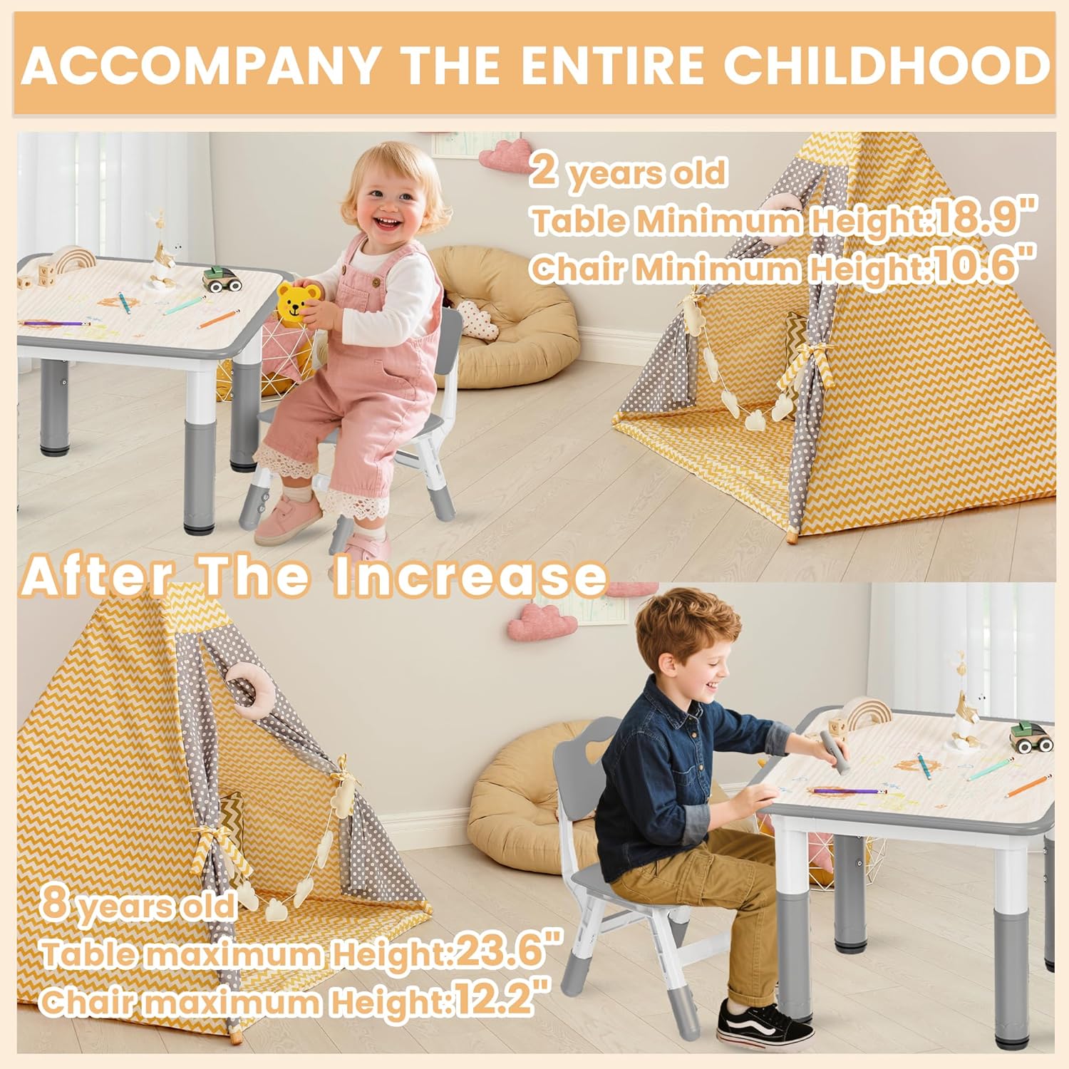 Kids Table and Chairs Set - 23.6 L x 23.6 W Height Adjustable Toddler Desk, Non-Slip Kids Table with Graffiti Desktop for Ages 2-8, for Home Preschool Classroom Daycare, Grey - 5