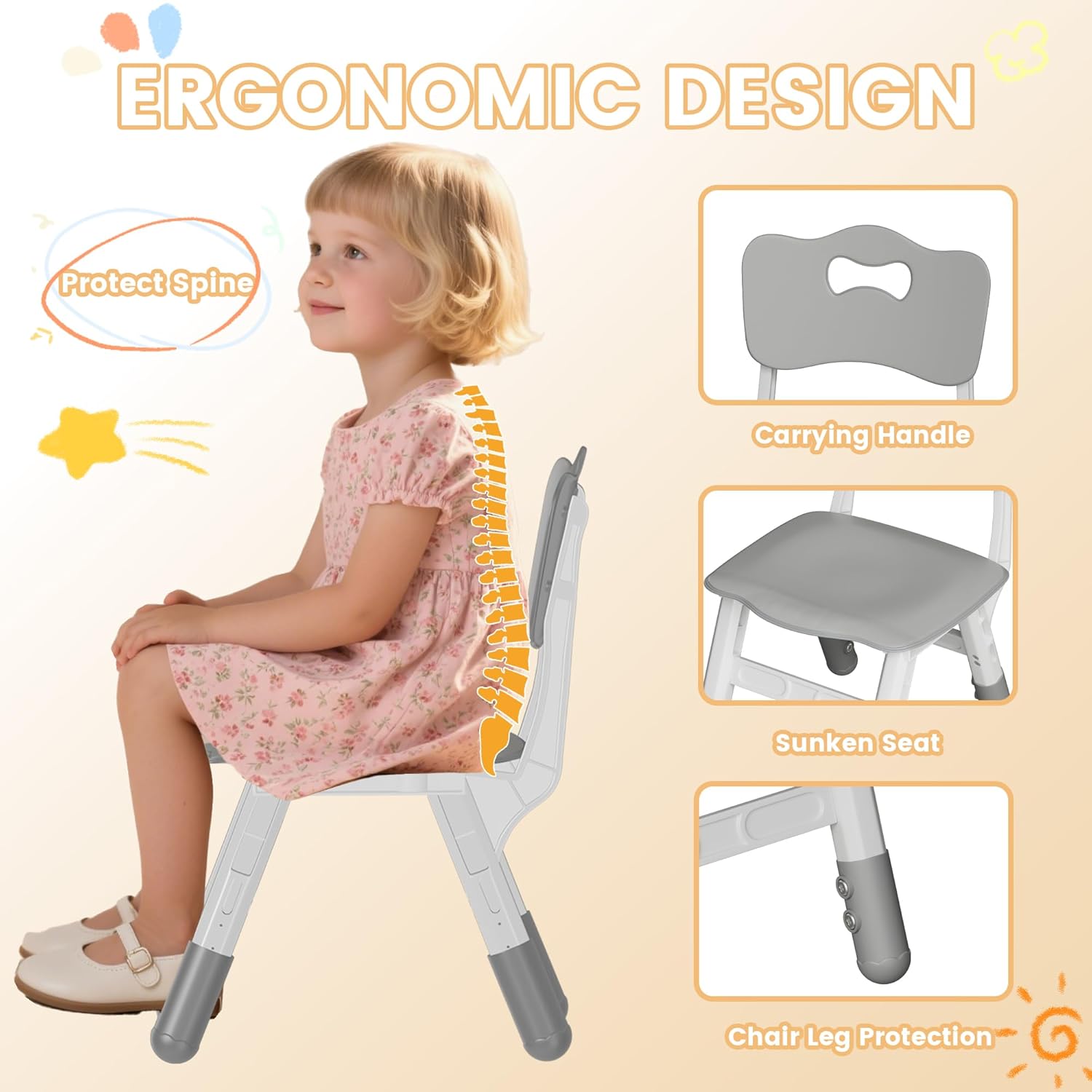 Kids Table and Chairs Set - 23.6 L x 23.6 W Height Adjustable Toddler Desk, Non-Slip Kids Table with Graffiti Desktop for Ages 2-8, for Home Preschool Classroom Daycare, Grey - 6