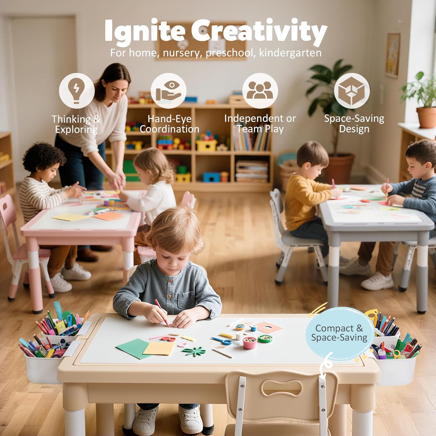 Kids Table and Chairs Set Large Storage, Height Adjustable Toddler Activity Table and 2 Chairs Set, 34.6x24.8 Graffiti-Block Building Desktop, 4 Side Boxes, Kids desk for Home, Preschool, Classroom - 6
