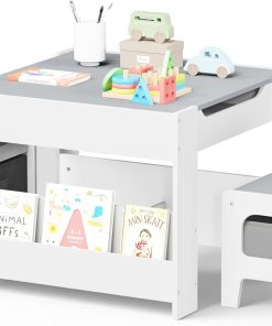 Kinder King Kids Wood Table & 2 Chairs Set, 4 in 1 Children Activity Table w-Double Bookcase, Blackboard, Toddler Furniture Set for Art, Crafts, Drawing, Reading, Playroom, Grey - 1