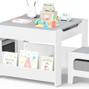 Kinder King Kids Wood Table & 2 Chairs Set, 4 in 1 Children Activity Table w-Double Bookcase, Blackboard, Toddler Furniture Set for Art, Crafts, Drawing, Reading, Playroom, Grey - 1