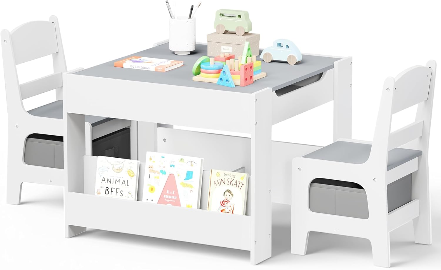 Kinder King Kids Wood Table & 2 Chairs Set, 4 in 1 Children Activity Table w-Double Bookcase, Blackboard, Toddler Furniture Set for Art, Crafts, Drawing, Reading, Playroom, Grey - 1