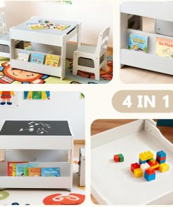 Kinder King Kids Wood Table & 2 Chairs Set, 4 in 1 Children Activity Table w-Double Bookcase, Blackboard, Toddler Furniture Set for Art, Crafts, Drawing, Reading, Playroom, Grey - 2