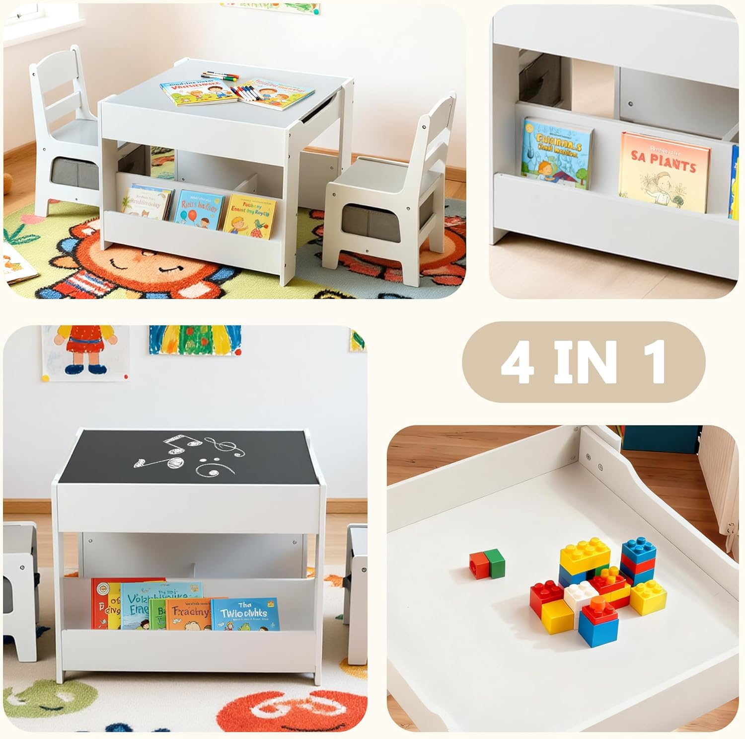 Kinder King Kids Wood Table & 2 Chairs Set, 4 in 1 Children Activity Table w-Double Bookcase, Blackboard, Toddler Furniture Set for Art, Crafts, Drawing, Reading, Playroom, Grey - 2