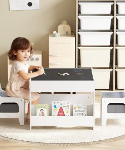 Kinder King Kids Wood Table & 2 Chairs Set, 4 in 1 Children Activity Table w-Double Bookcase, Blackboard, Toddler Furniture Set for Art, Crafts, Drawing, Reading, Playroom, Grey - 3