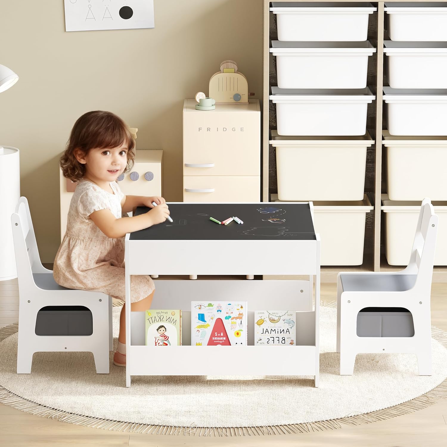 Kinder King Kids Wood Table & 2 Chairs Set, 4 in 1 Children Activity Table w-Double Bookcase, Blackboard, Toddler Furniture Set for Art, Crafts, Drawing, Reading, Playroom, Grey - 3