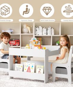 Kinder King Kids Wood Table & 2 Chairs Set, 4 in 1 Children Activity Table w-Double Bookcase, Blackboard, Toddler Furniture Set for Art, Crafts, Drawing, Reading, Playroom, Grey - 4