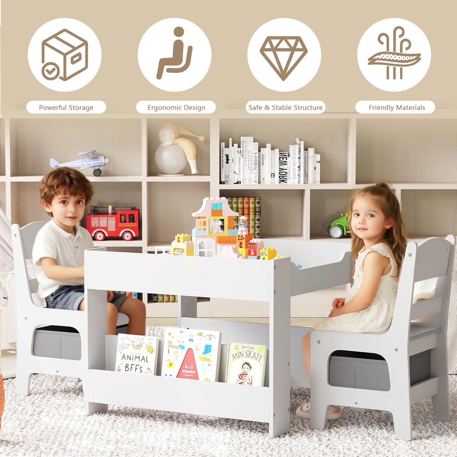 Kinder King Kids Wood Table & 2 Chairs Set, 4 in 1 Children Activity Table w-Double Bookcase, Blackboard, Toddler Furniture Set for Art, Crafts, Drawing, Reading, Playroom, Grey - 4