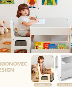 Kinder King Kids Wood Table & 2 Chairs Set, 4 in 1 Children Activity Table w-Double Bookcase, Blackboard, Toddler Furniture Set for Art, Crafts, Drawing, Reading, Playroom, Grey - 5