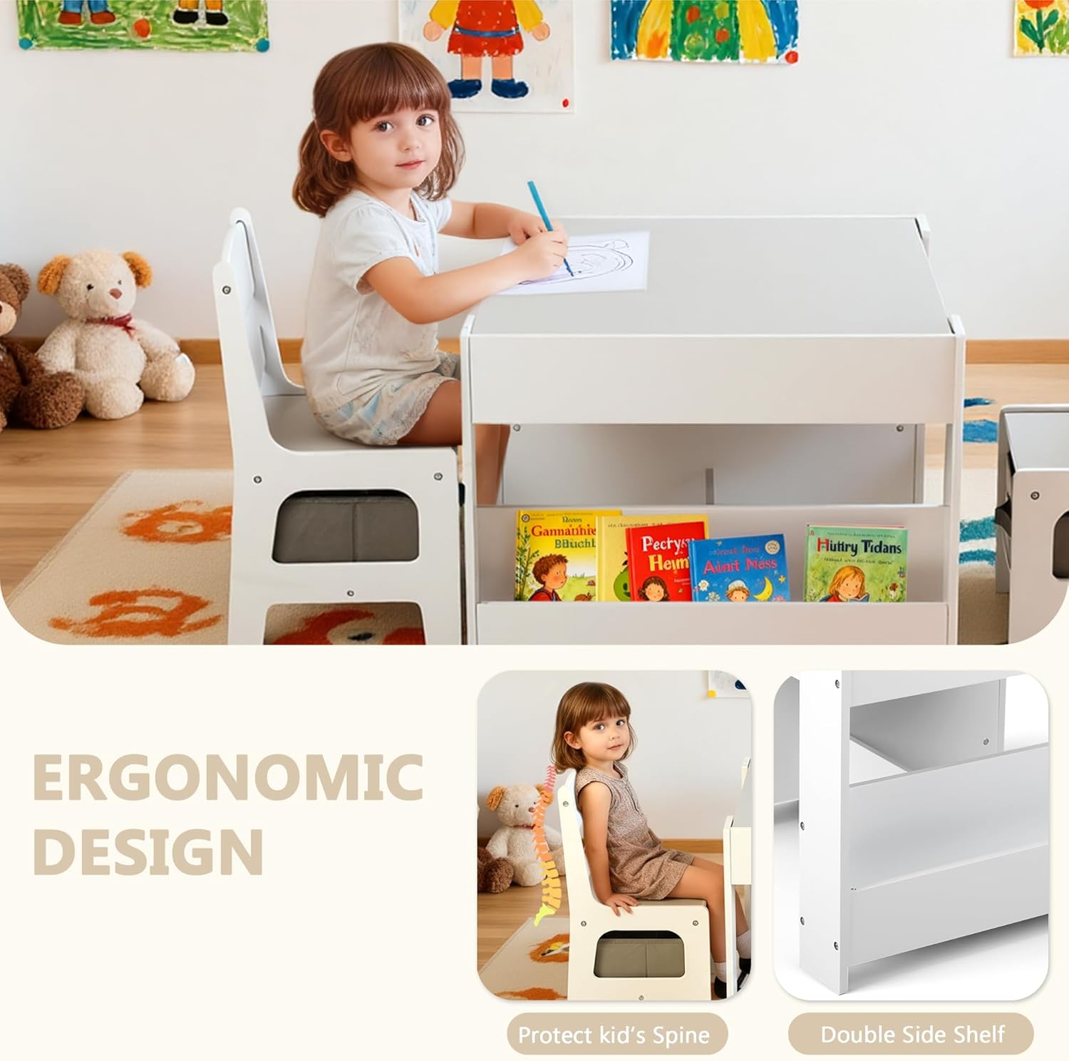 Kinder King Kids Wood Table & 2 Chairs Set, 4 in 1 Children Activity Table w-Double Bookcase, Blackboard, Toddler Furniture Set for Art, Crafts, Drawing, Reading, Playroom, Grey - 5