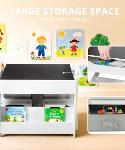 Kinder King Kids Wood Table & 2 Chairs Set, 4 in 1 Children Activity Table w-Double Bookcase, Blackboard, Toddler Furniture Set for Art, Crafts, Drawing, Reading, Playroom, Grey - 6